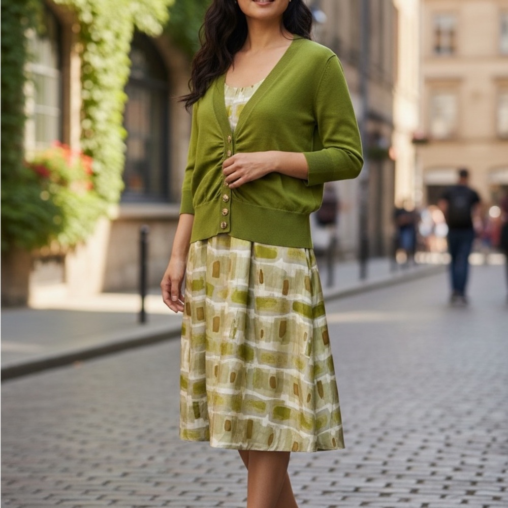 Nougat London Olive Green Printed Midi Dress & Cardigan - Women's size 4